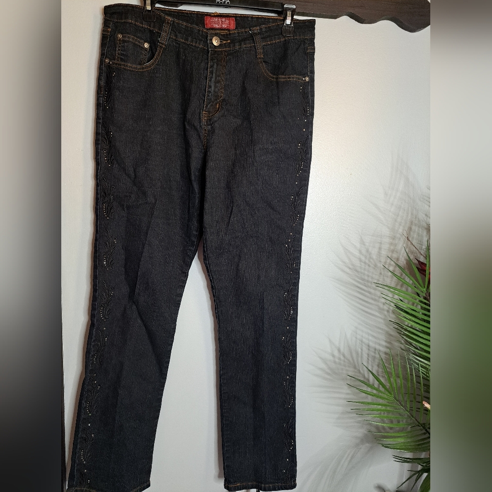 Cos Jeans Rhinestone Embroidered  Black Denim Pants  Size 12
